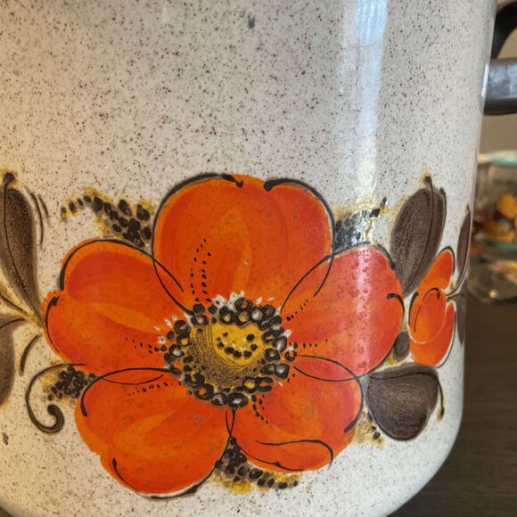 Vintage Sanko Ware Japan Country Flowers Porcelain Enamel Cookware Pot 9"x10" - Picture 5 of 10